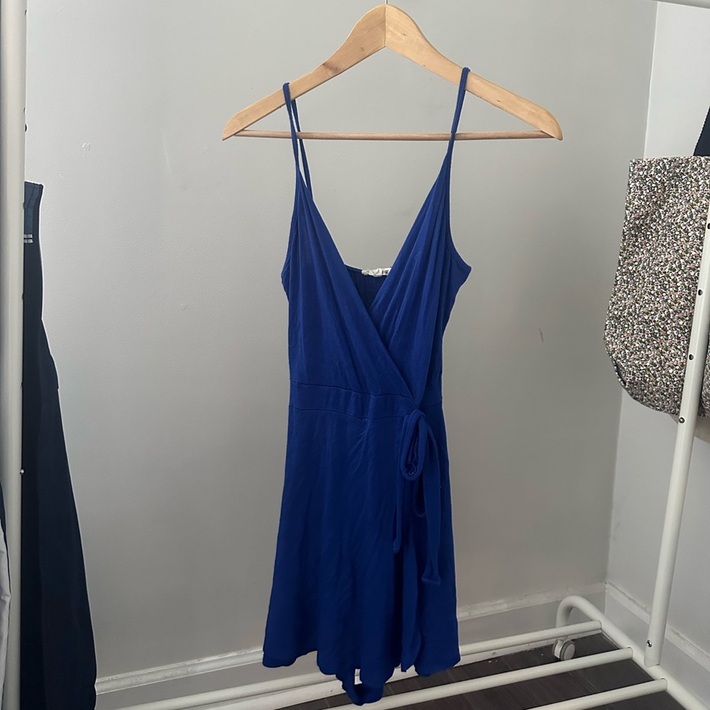 royal blue wrap mini dress with side tie